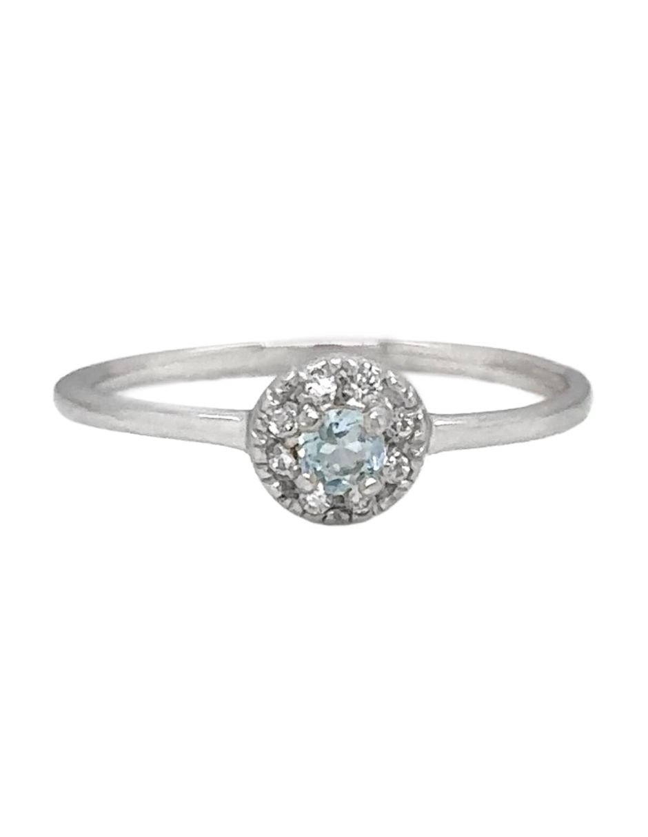 Anillo con gema redondo spring 14 k de oro blanco diamante y aguamarina brillante