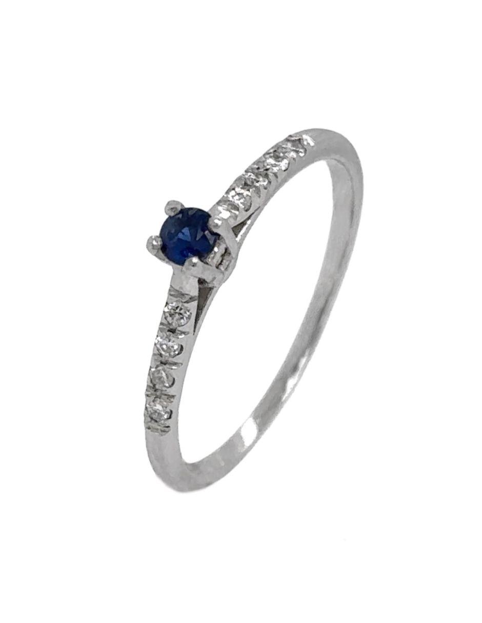 Anillo con gema redondo idc spring 14 k de oro blanco zafiro y diamante brillante