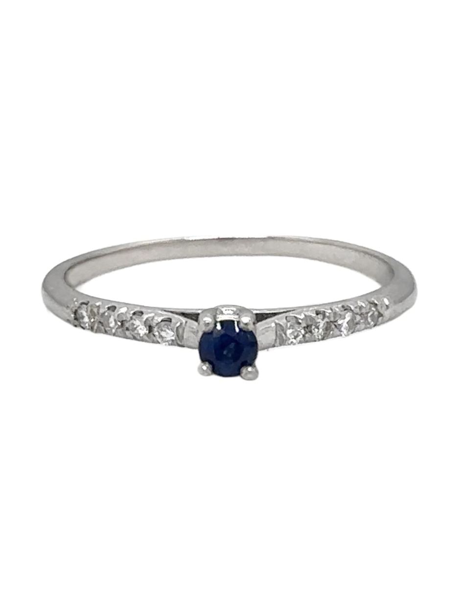 Anillo con gema redondo spring 14 k de oro blanco zafiro y diamante brillante