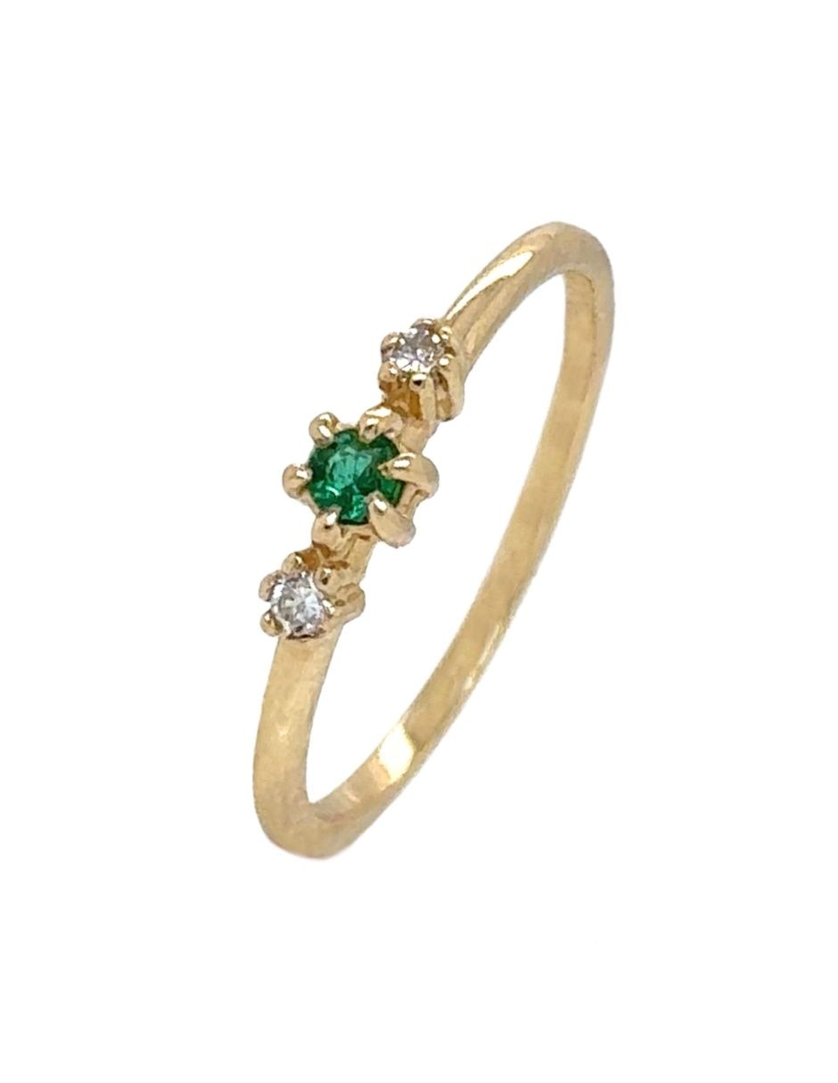 Anillo con gema redondo idc spring 14 k de oro amarillo esmeralda y diamante brillante