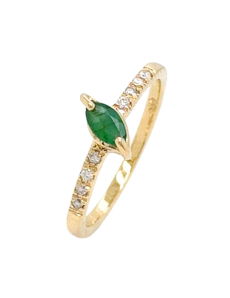 Anillo con gema de marquise idc spring 14 k de oro amarillo esmeralda y diamante brillante
