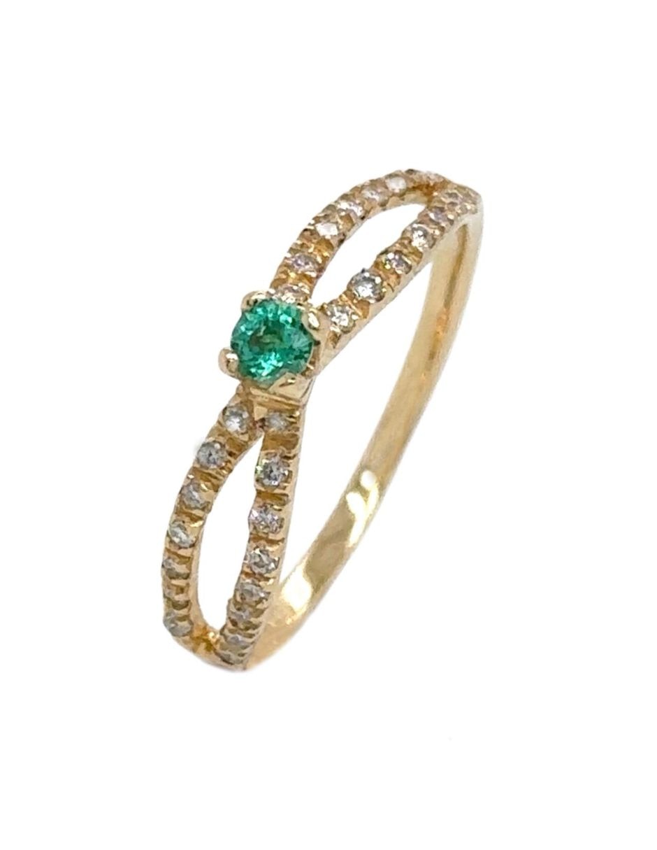 Anillo con gema redondo idc spring 14 k de oro amarillo esmeralda y diamante brillante