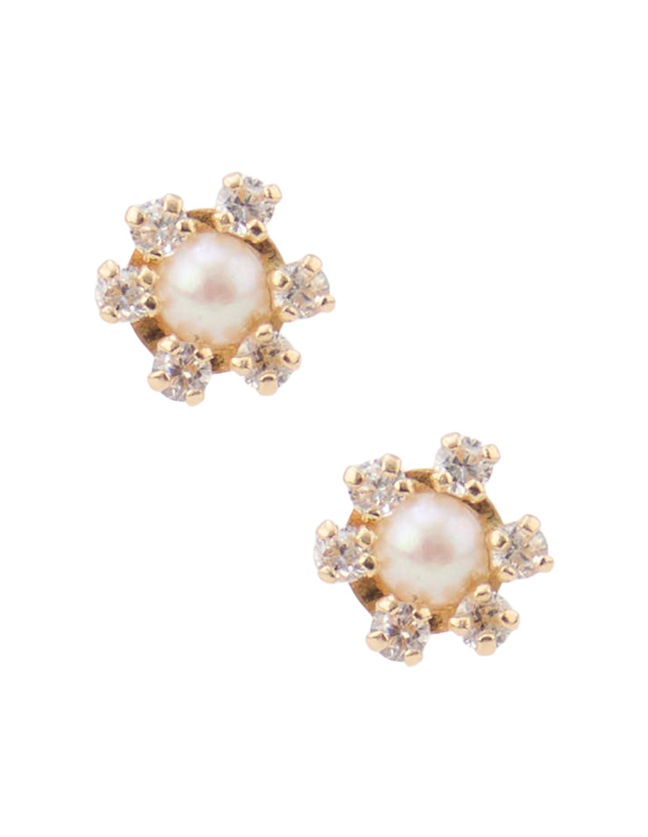 Broqueles de flor de oro amarillo 14 K con acabado brillante perla Broqueles de flor de oro amarillo 14 K con acabado brillante perla