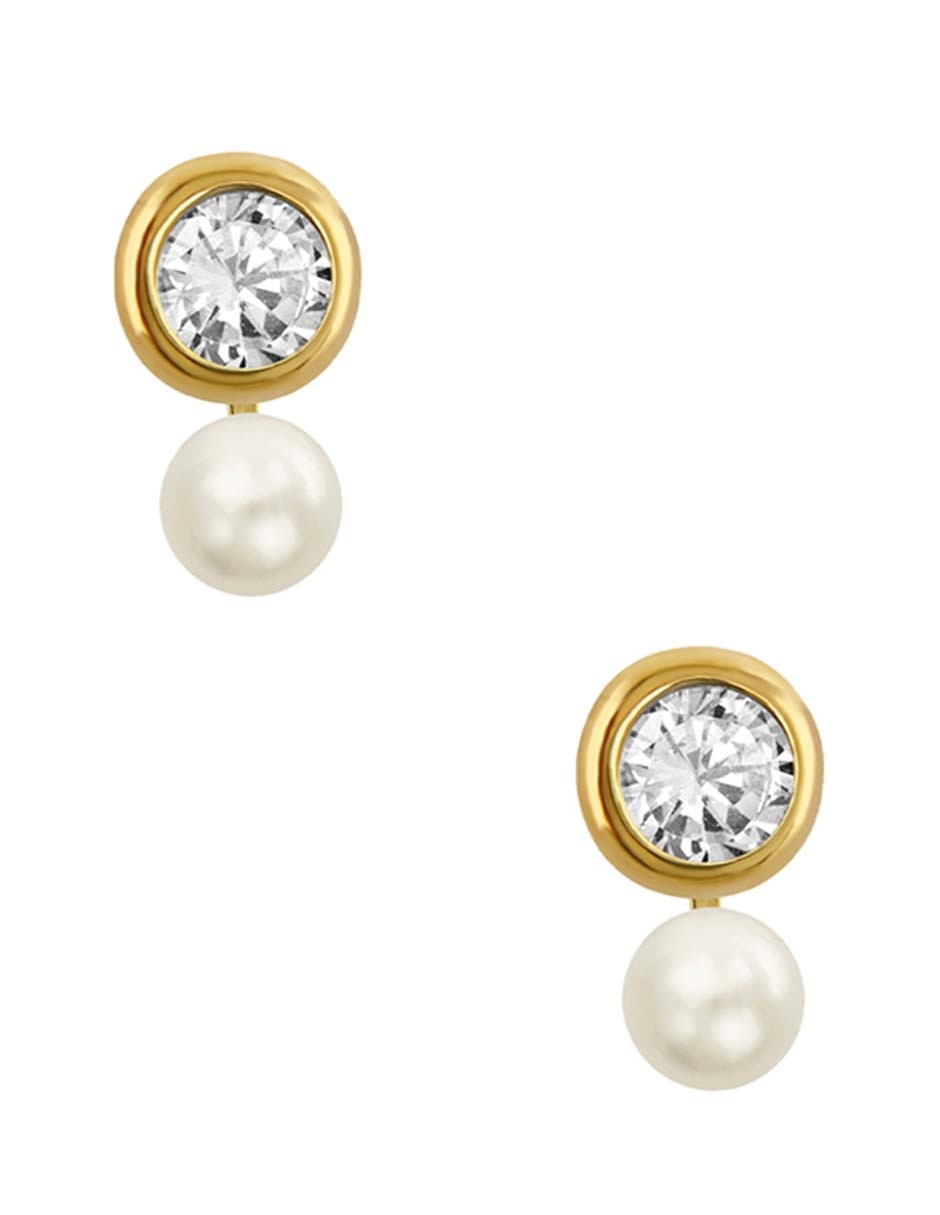 Broqueles Sabelli de oro amarillo 14 k con acabado pulido perla con zirconia