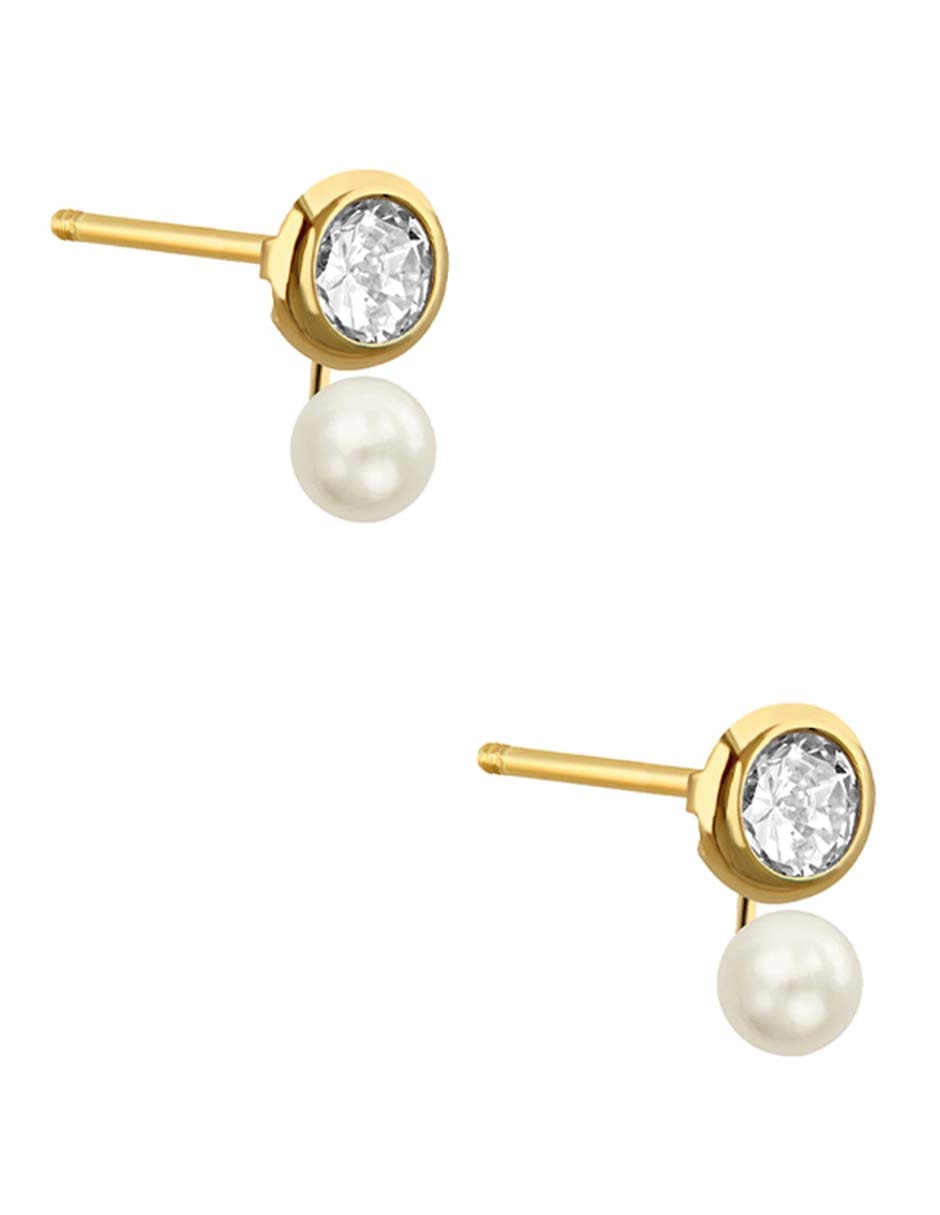 Broqueles Sabelli de oro amarillo 14 k con acabado pulido perla con zirconia