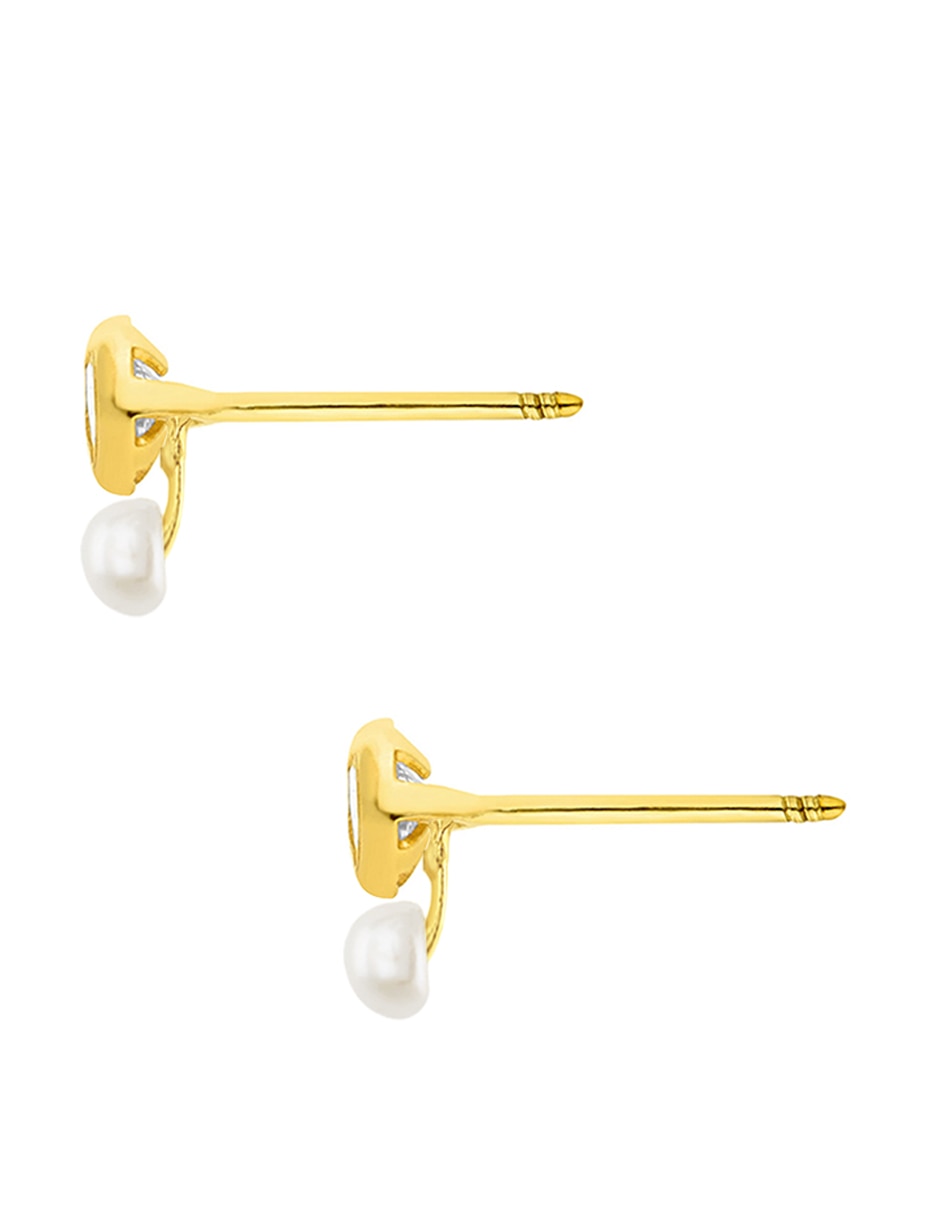 Broqueles de oro amarillo 14 k con acabado pulido perla con zirconia Broqueles de oro amarillo 14 k con acabado pulido perla con zirconia