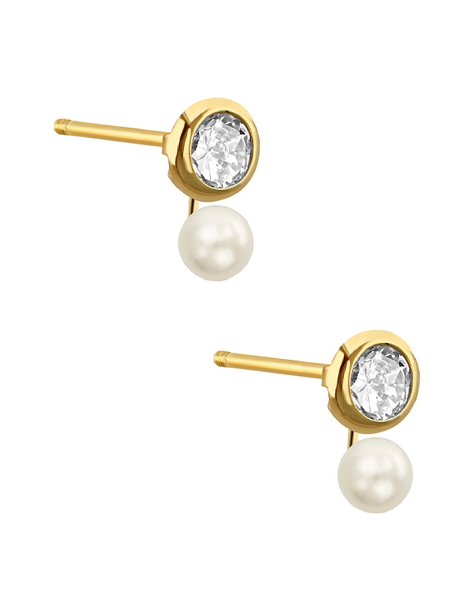 Broqueles Sabelli de oro amarillo 14 k con acabado pulido perla con zirconia
