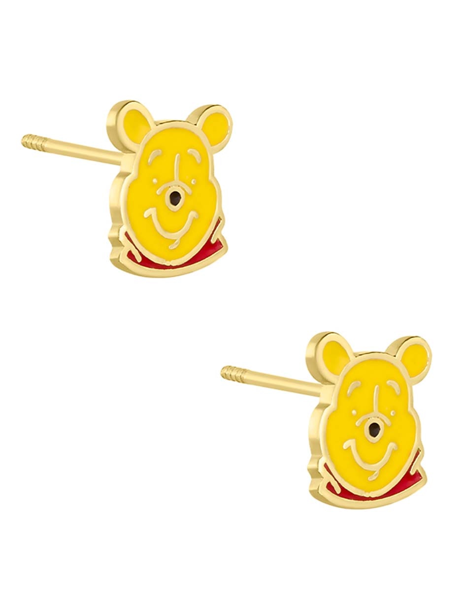 Broqueles Winnie Pooh Sabelli de oro amarillo 14 k con acabado esmaltado