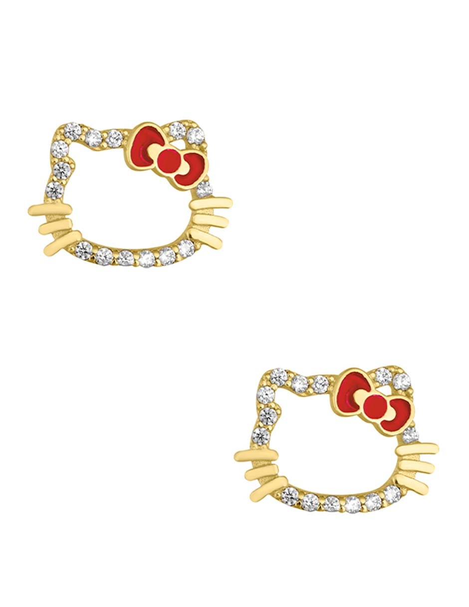 Broqueles de gato Hello Kitty Sabelli de oro amarillo 14 k con acabado pavé zirconia