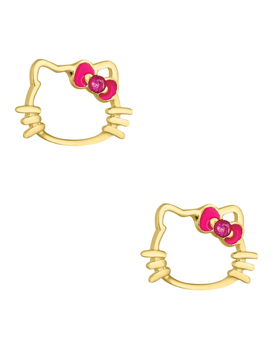 Broqueles de gato Hello Kitty de oro amarillo 14 k con acabado pulido zirconia 1