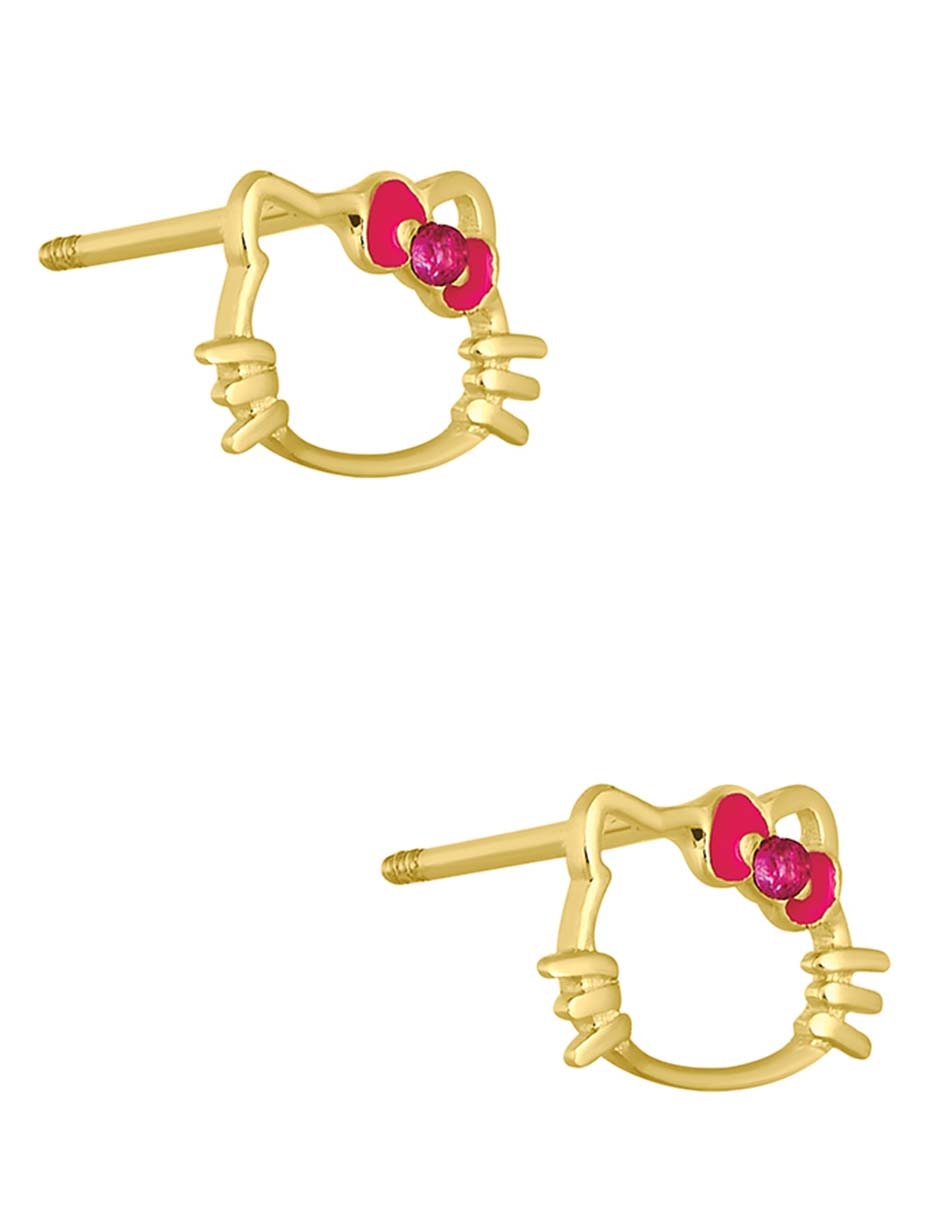 Broqueles de gato Hello Kitty de oro amarillo 14 k con acabado pulido zirconia 3