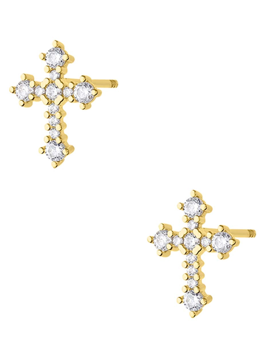 Broqueles de cruz de oro amarillo 14 k con acabado pulido zirconia