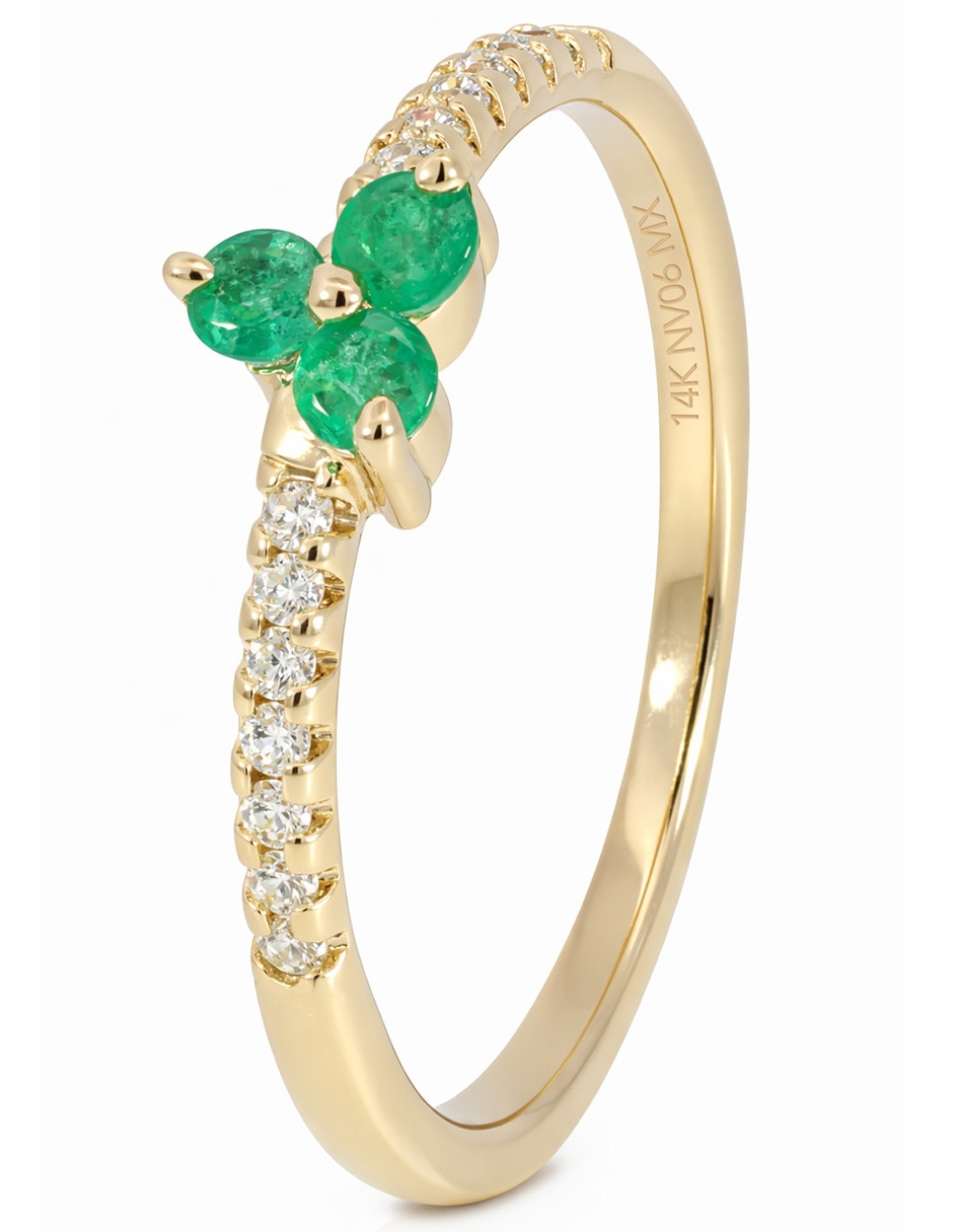 Anillo con gema de flor Valessa 14 K de oro amarillo esmeralda y diamante brillante
