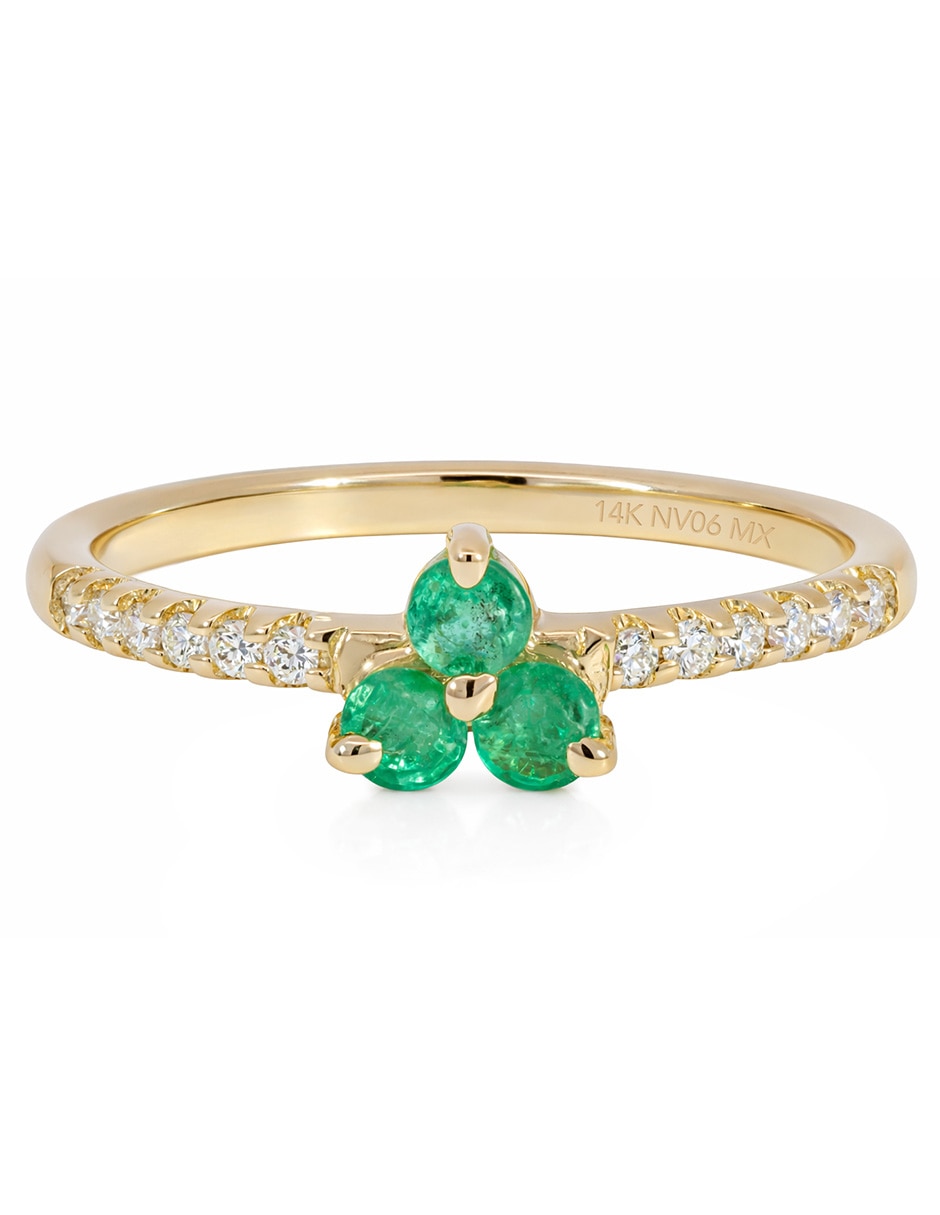 Anillo con gema de flor 14 K de oro amarillo esmeralda y diamante brillante