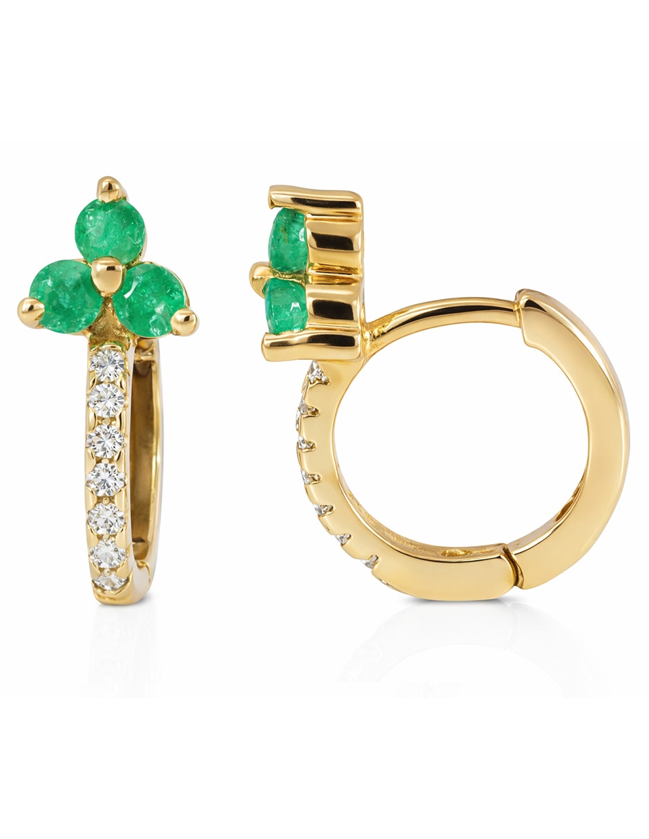 Aretes de flor de oro amarillo 14 K con acabado brillante esmeralda y diamante 2