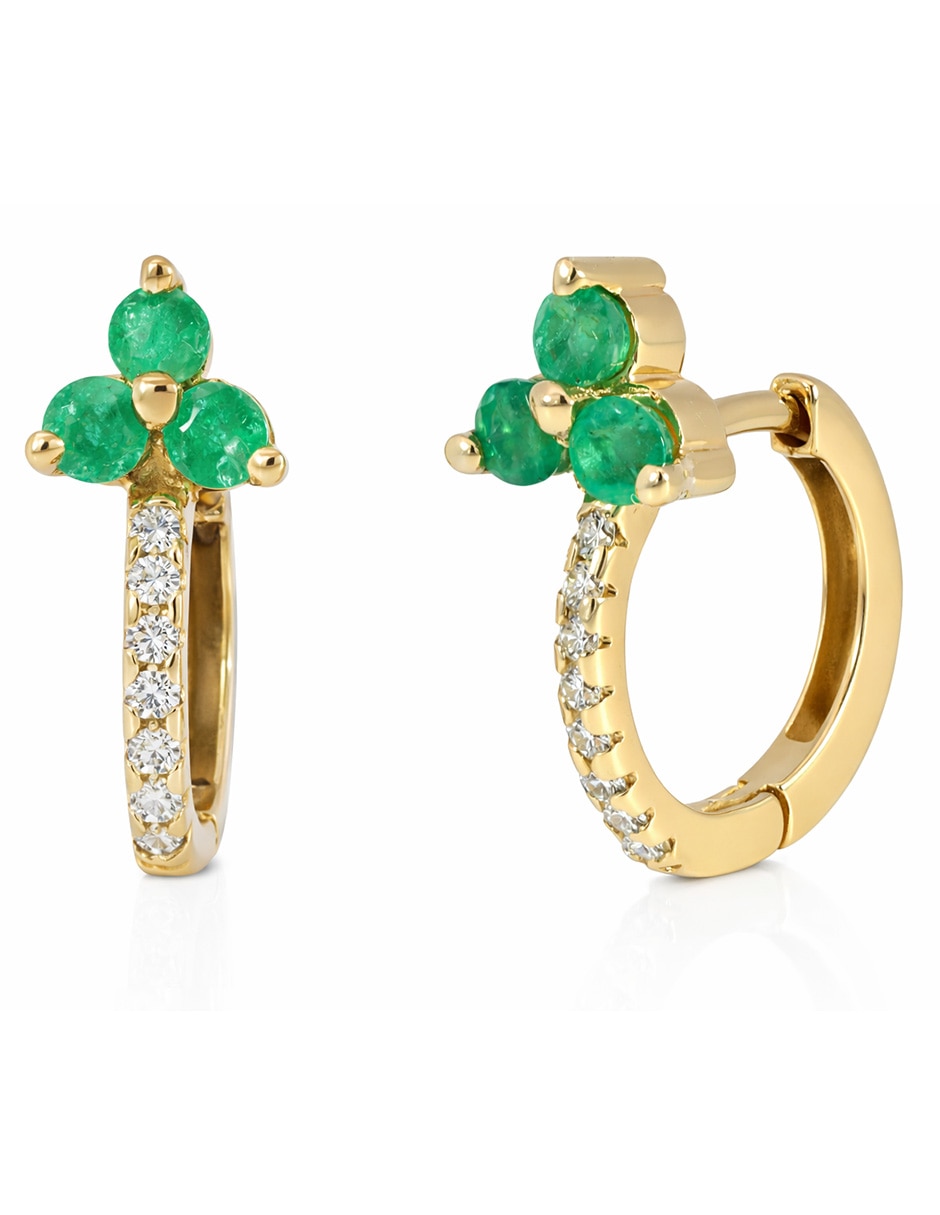Aretes de flor de oro amarillo 14 K con acabado brillante esmeralda y diamante Aretes de flor de oro amarillo 14 K con acabado brillante esmeralda y diamante