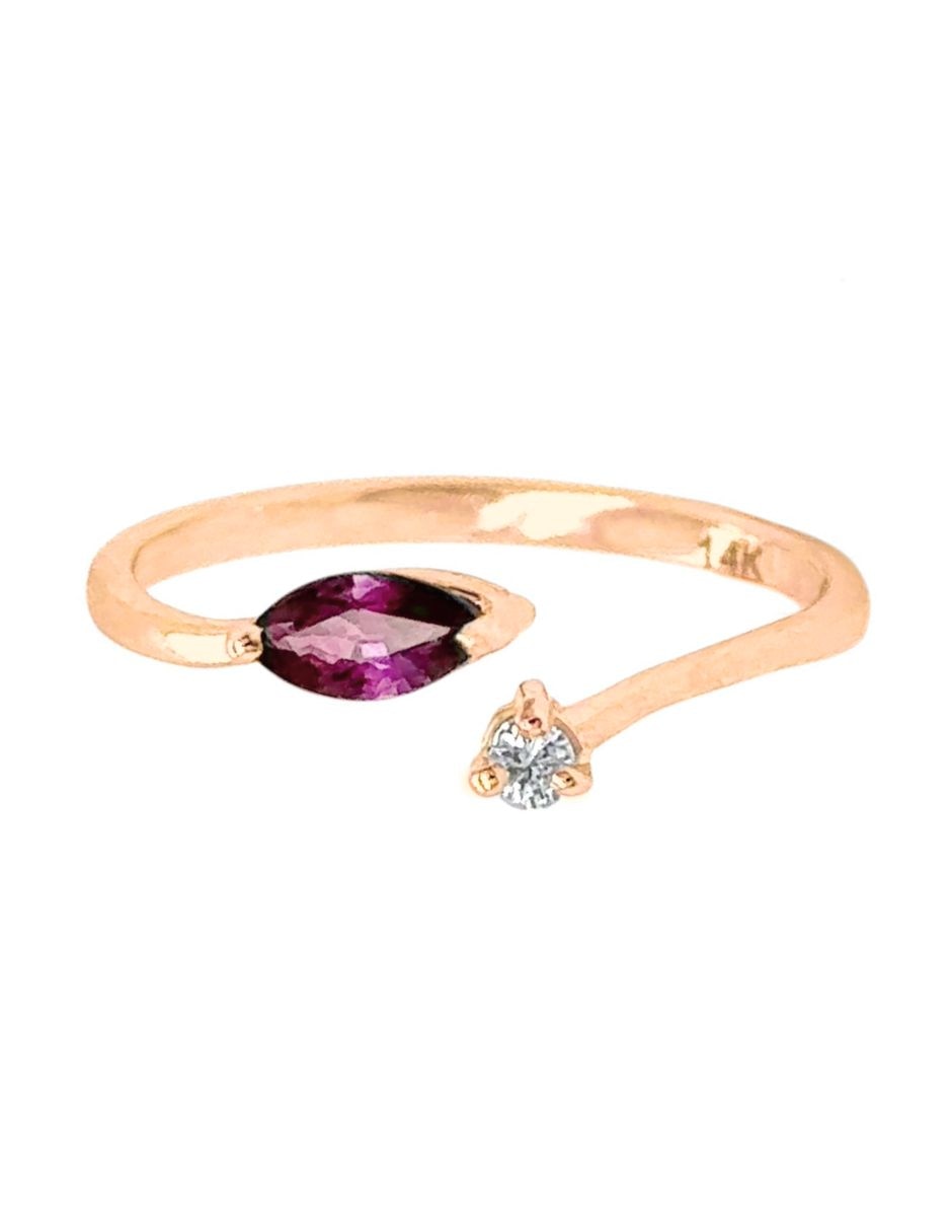 Anillo 14 k de oro rosa rubí y diamante brillante