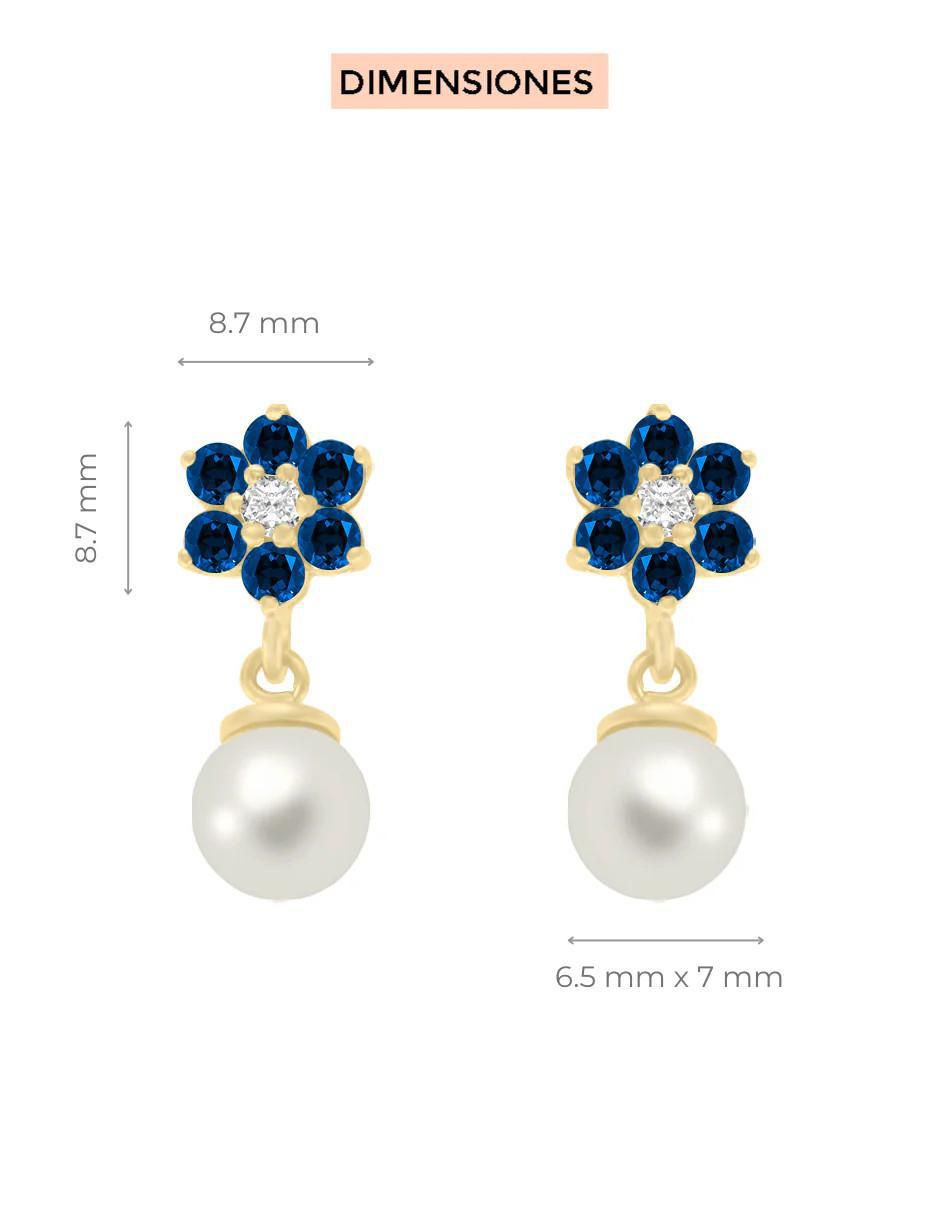Aretes cortos de flor Fascinare Oria de oro 14 K con acabado brillante zafiro y perla
