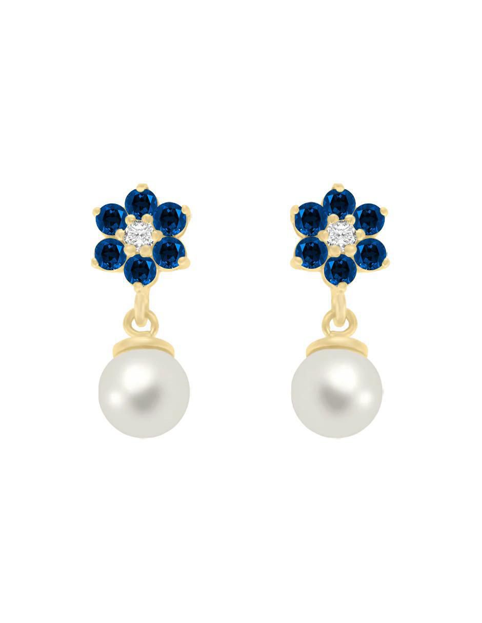 Aretes cortos de flor Oria de oro 14 K con acabado brillante zafiro y perla