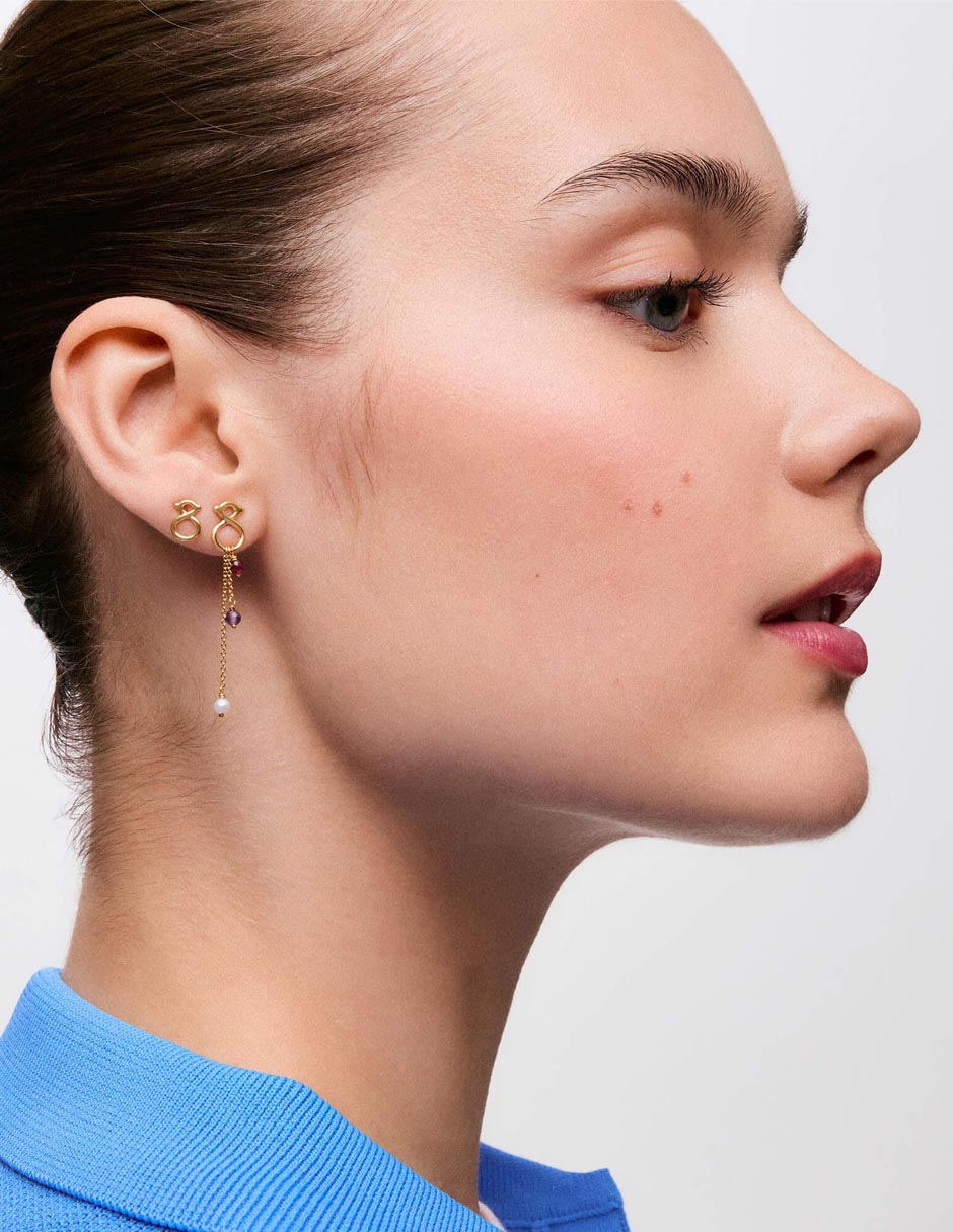 Aretes largos Infinity de Oro 9 K con acabado brillante Amatista y rubí 3