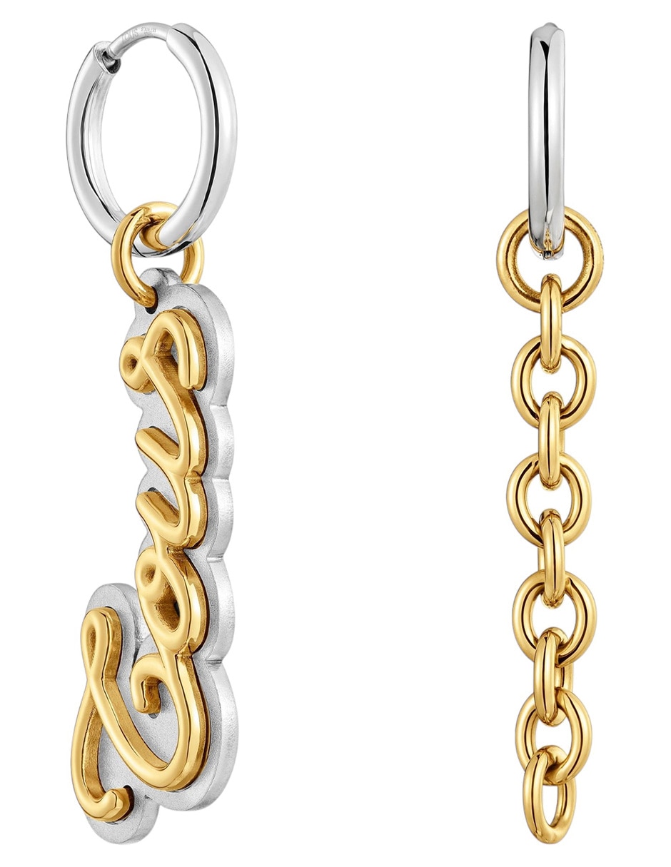 Aretes largos Logo Charming Steel con acabado brillante