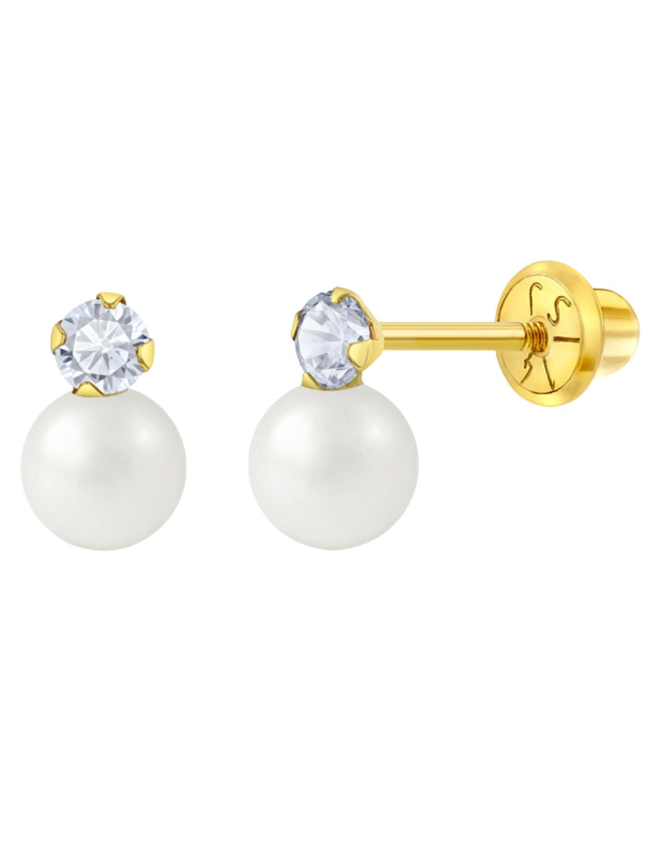 Broqueles redondos de oro amarillo 14 K con acabado pulido perla con zirconia