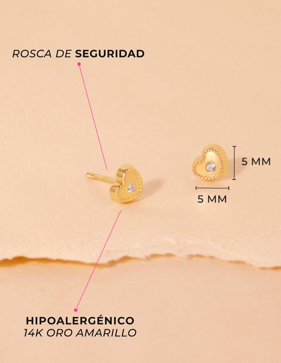 Broqueles de corazón de oro amarillo 14 K con acabado pulido 5