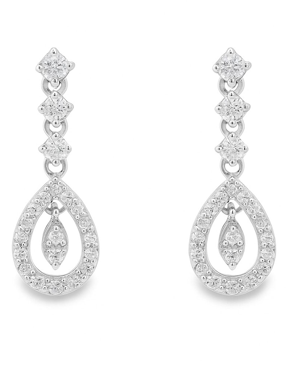 Aretes largos de gota de oro 14 K con acabado baño de rodio diamante