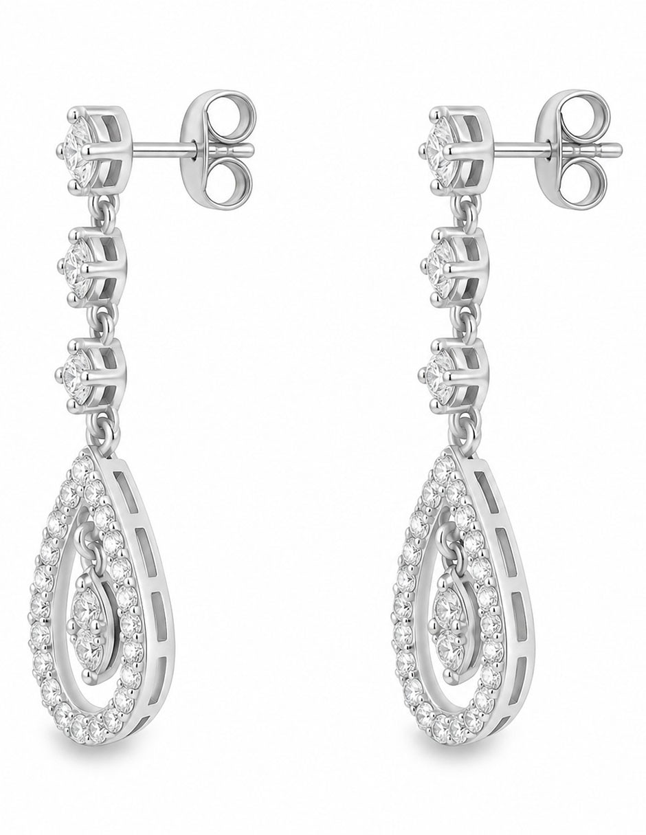 Aretes largos de gota de oro 14 K con acabado baño de rodio diamante 3