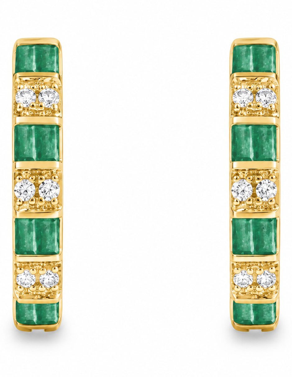 Aretes de aro de oro 14 K con acabado baño de rodio esmeralda