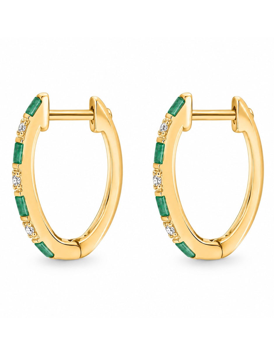 Aretes de aro de oro 14 K con acabado baño de rodio esmeralda 2