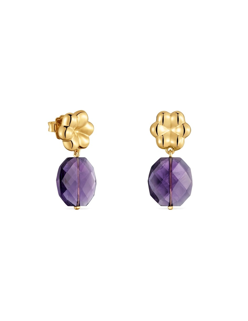 Aretes cortos bold motif de plata 18 k con acabado baño de oro amatista