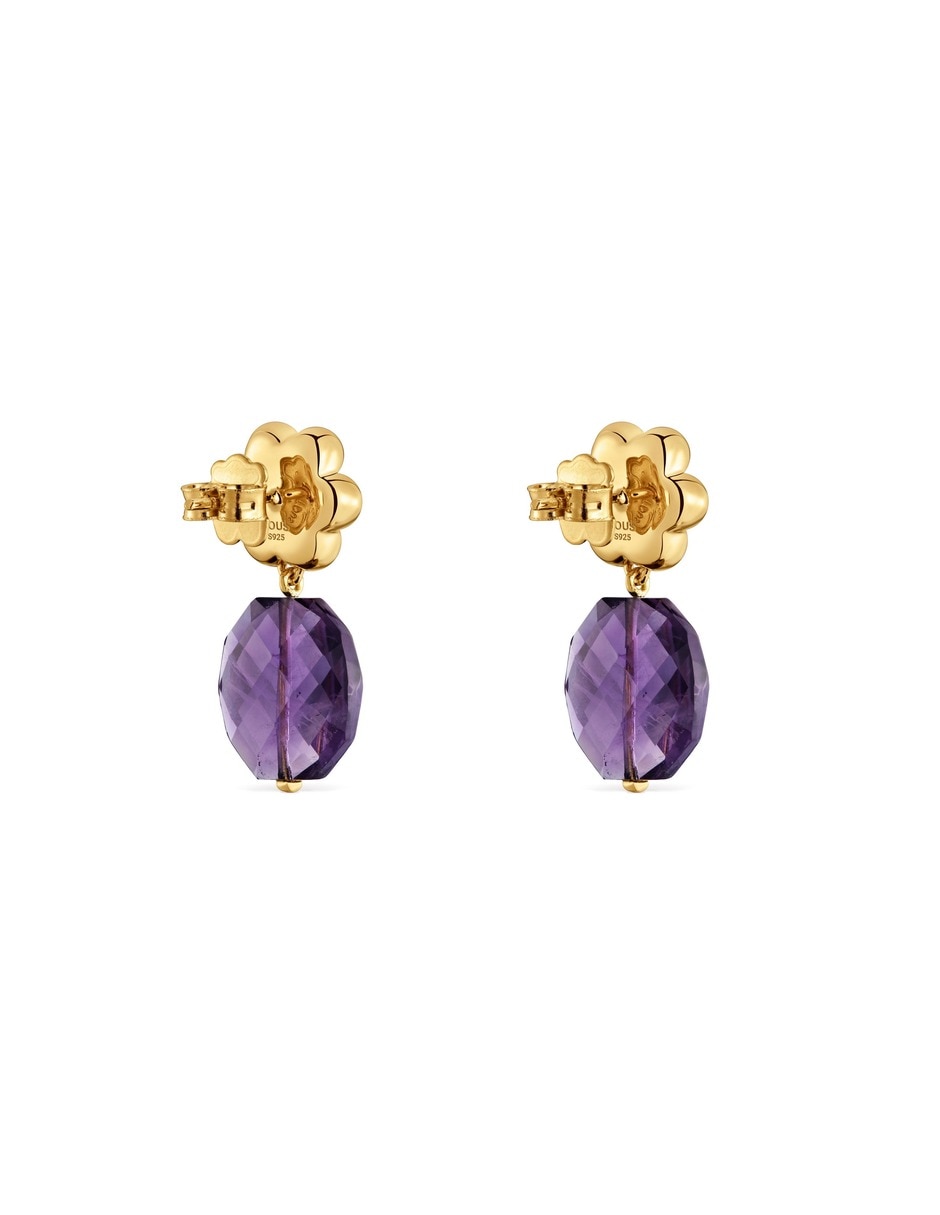 Aretes cortos bold motif de plata 18 k con acabado baño de oro amatista 4