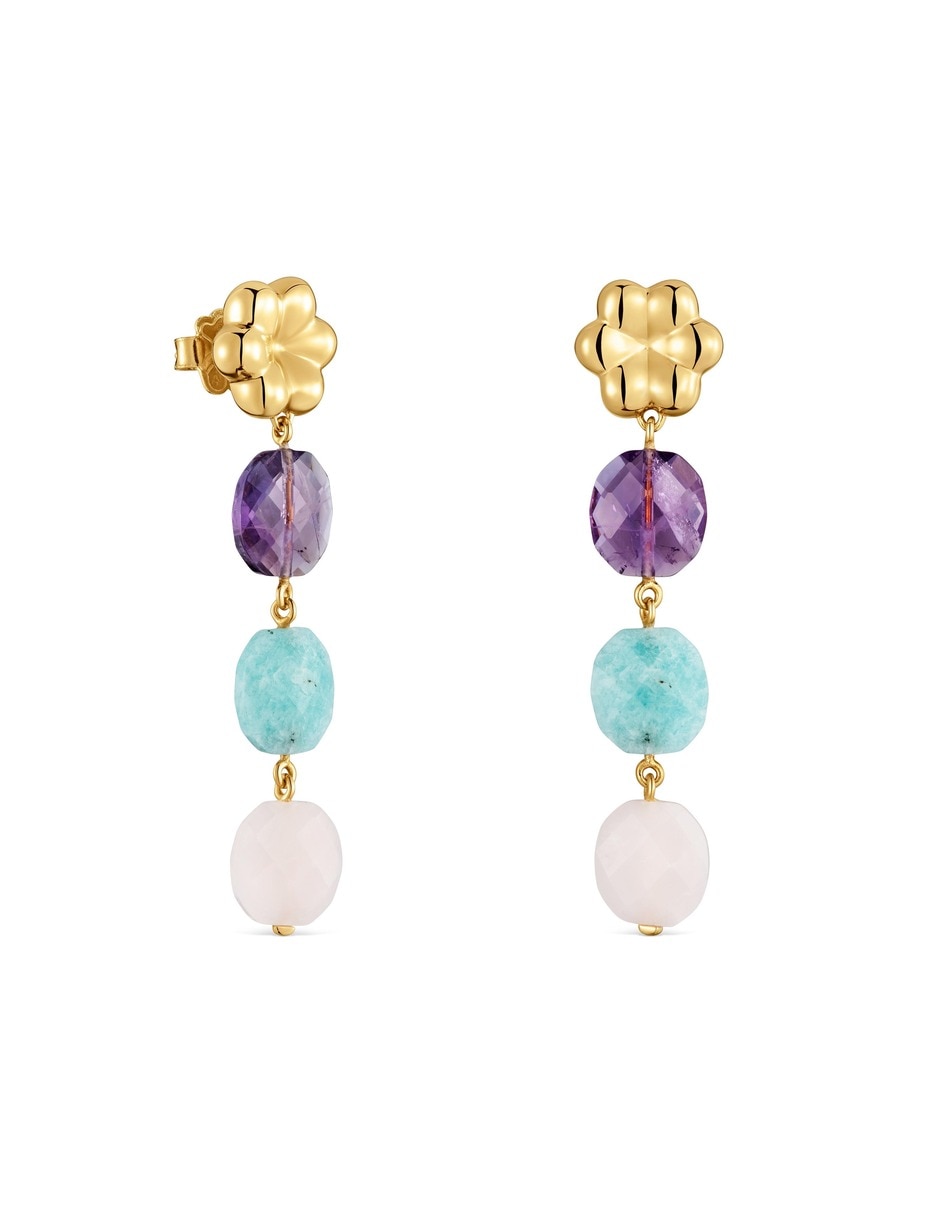 Aretes largos bold motif de plata 18 k con acabado baño de oro amatista