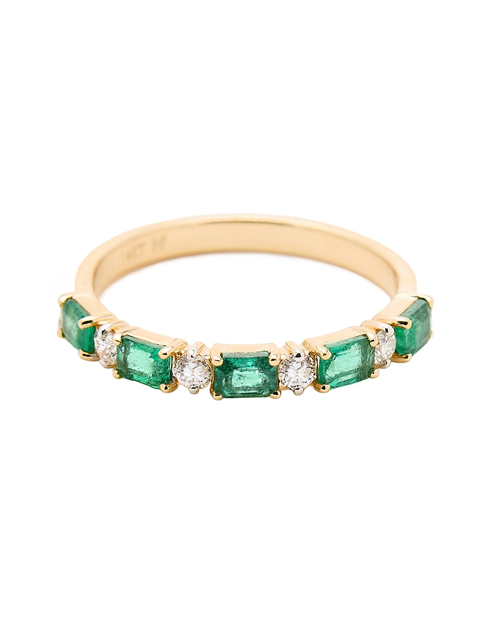 Anillo con gema 14 k de oro amarillo esmeralda y diamante pulido