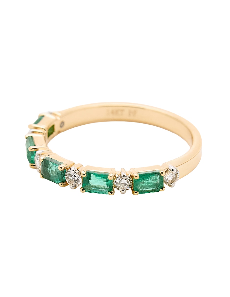 Anillo con gema 14 k de oro amarillo esmeralda y diamante pulido