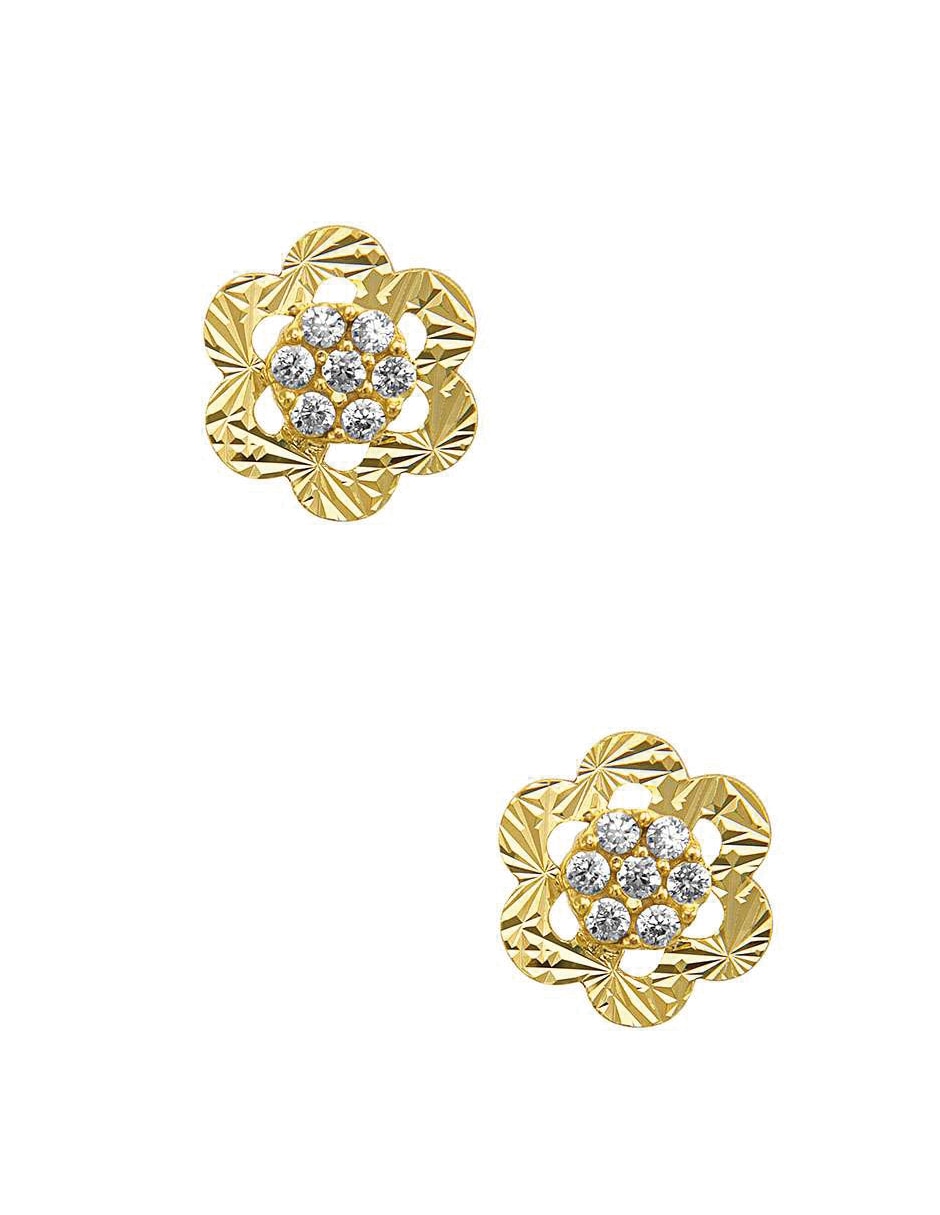 Broqueles de flor de oro amarillo 14 K con acabado diamantado