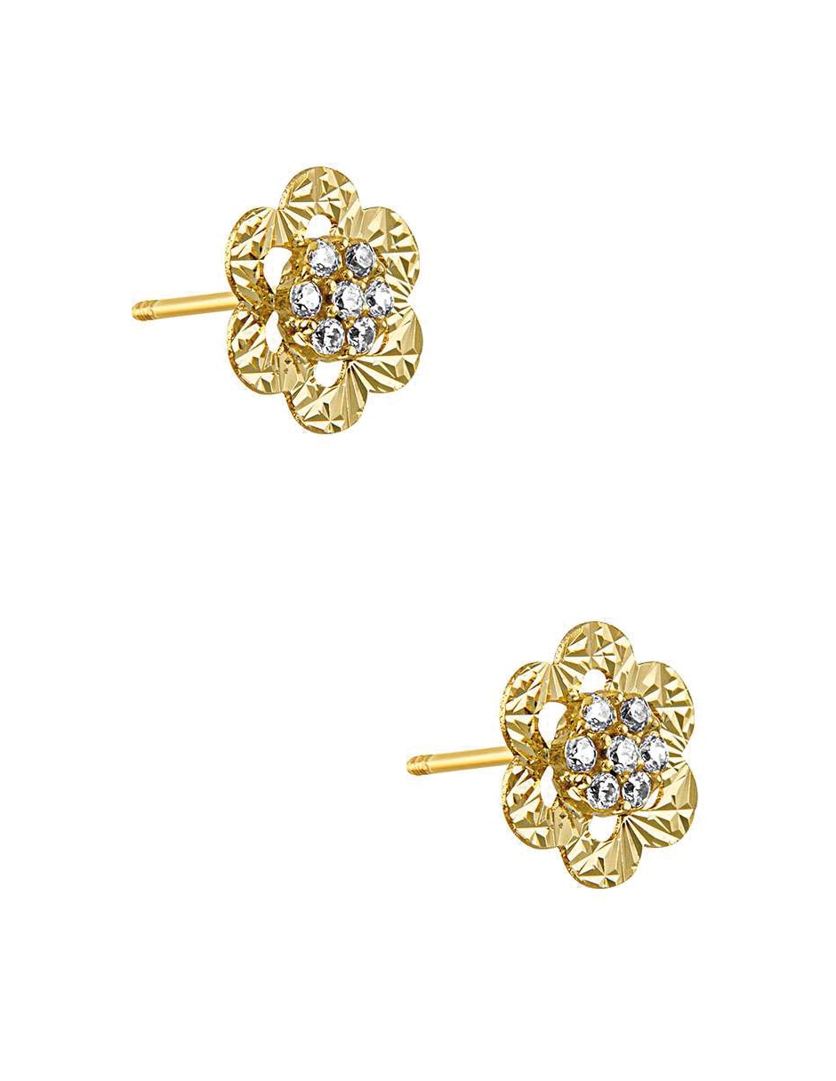 Broqueles de flor de oro amarillo 14 K con acabado diamantado 2