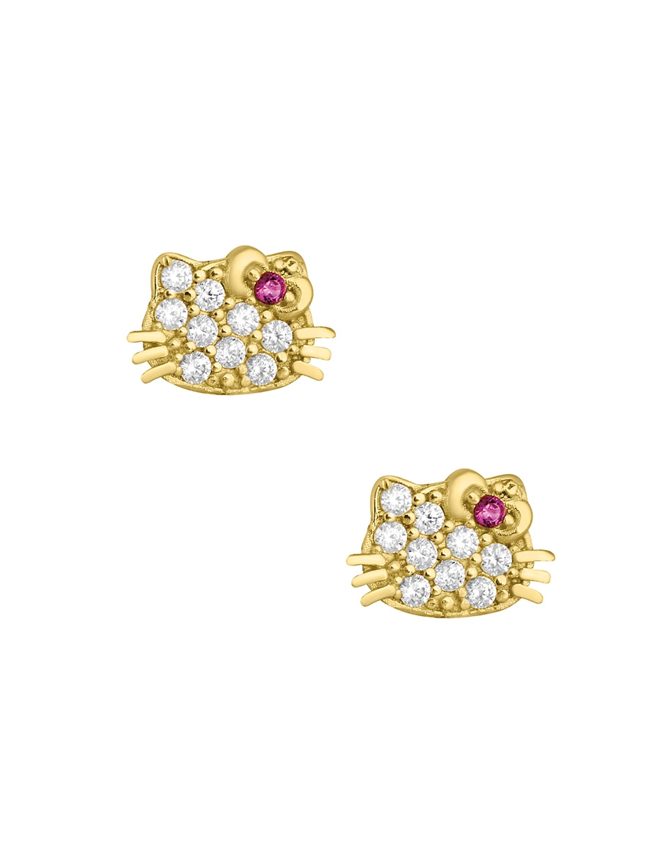 Broqueles de gato Hello Kitty de oro amarillo 14 K con acabado pavé
