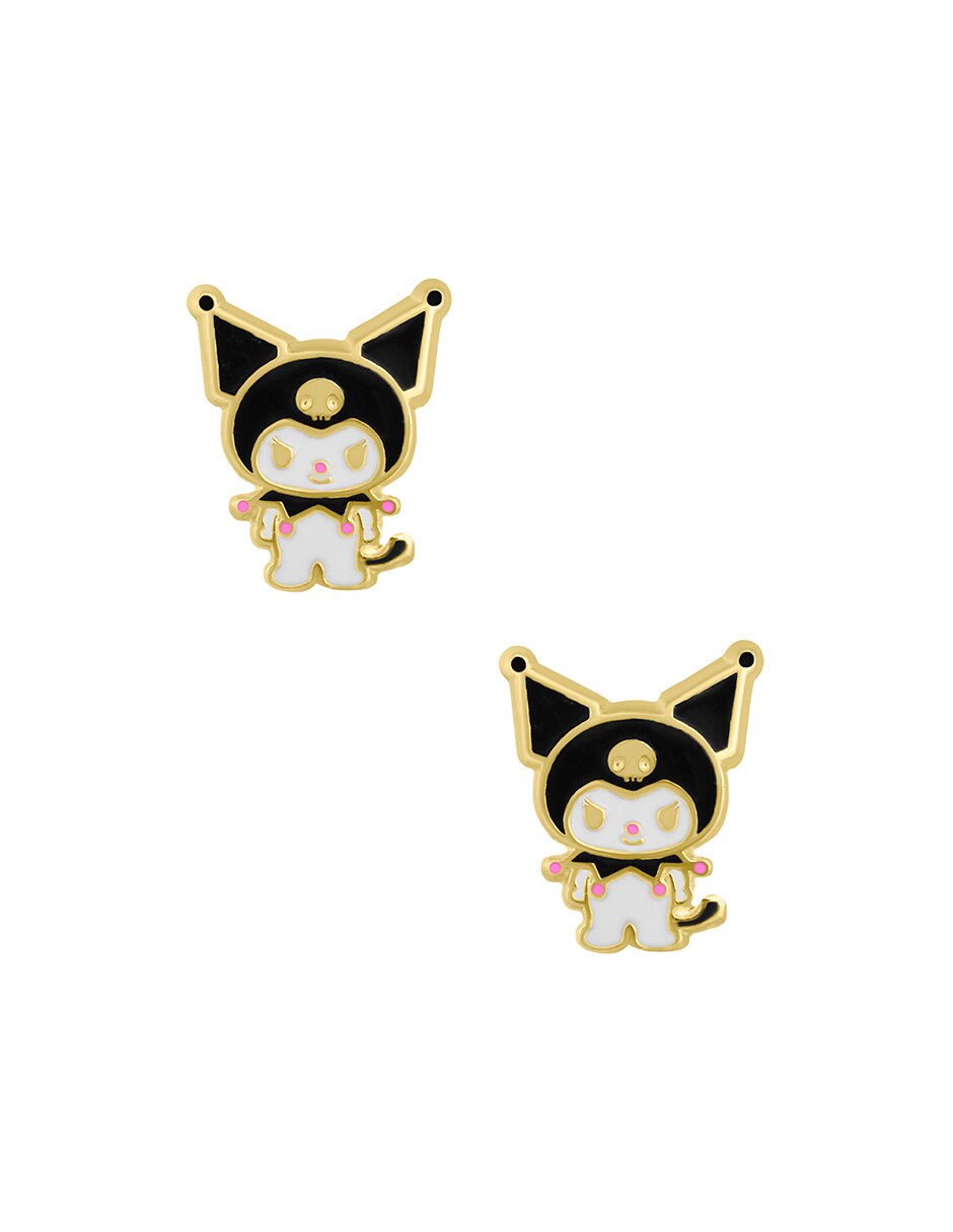 Broqueles de gato Kuromi de oro amarillo 14 K con acabado esmaltado Broqueles de gato Kuromi de oro amarillo 14 K con acabado esmaltado