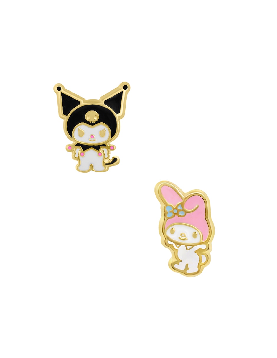 Broqueles de gato My Melody y Kuromi de oro amarillo 14 K con acabado esmaltado Broqueles de gato My Melody y Kuromi de oro amarillo 14 K con acabado esmaltado